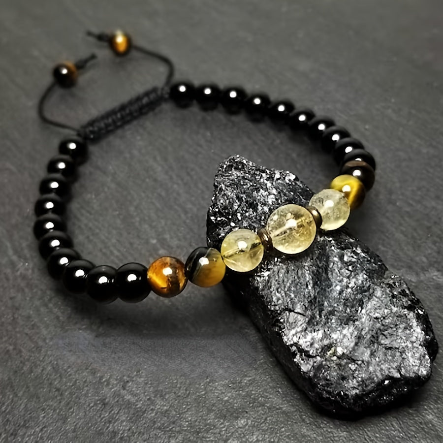 1pc Black Tourmaline Tiger Eye & Citrine Bracelet - 6mm Chakra Adjustable Wrist Jewelry For Men Women