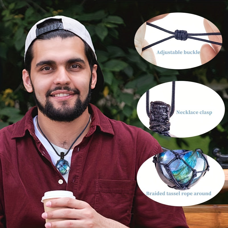 1pcs Natural Labradorite Necklace Pendant Healing Crystal Stone Braided Black Tassel Labradorite Crystal Jewelry For Men Women