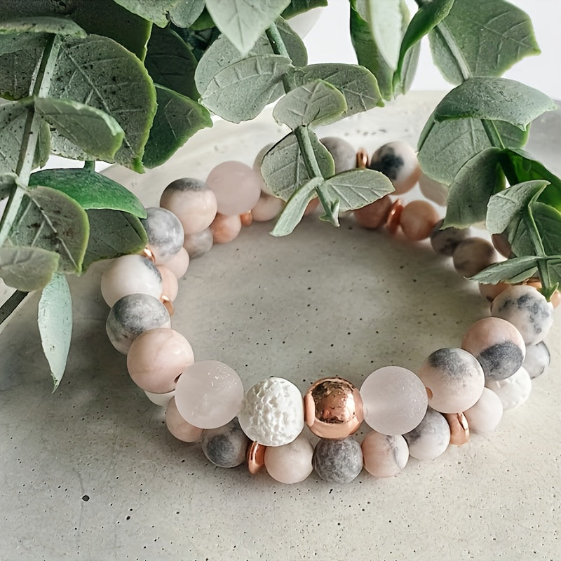 1pc Charm Jasper And Rose Gemstone Beaded Bracelet, Rose Quartz Crystal Jewelry Bracelets For Men Women Essential Oil Diffuser Bracelet