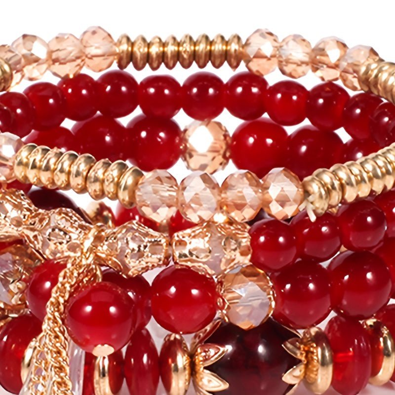 4pcs Chic Boho-Inspired Bracelet Set - Colorful Faux Agate & Glass Crystal, Chain Tassel Detail - Perfect Gift for Fashion Enthusiasts