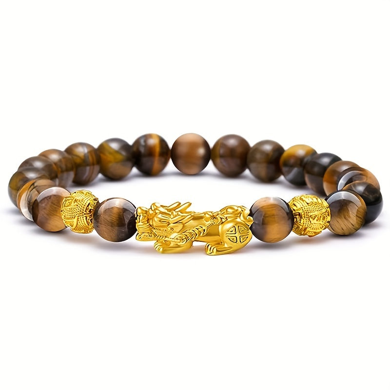 2pcs Good Luck Bracelets, Natural Tiger Eye Stone Pixiu Charm Bracelet, For Men