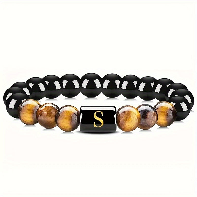 1pc Men's Tiger Eye Stretch Bracelet, Natural Stone Cuff Bracelet for Men & Women, Couple Bracelets, Father's Day Gift