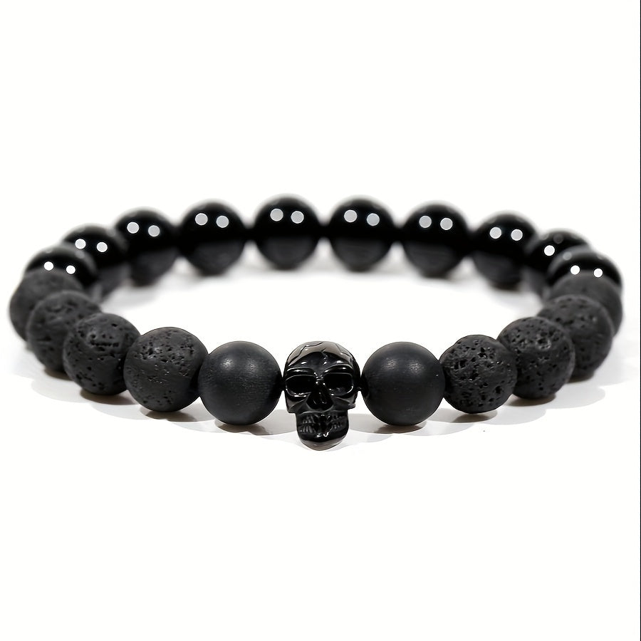 100% Handmade, Natural Black Agate Volcanic Stone Skull Bracelet, Available in Golden/Silver/Black, 10mm Beads, With Gift Box, Your Unisex Jewelry, Punk Style, Perfect Gift for Him/Her, Suitable for Anniversaries/Valentine's