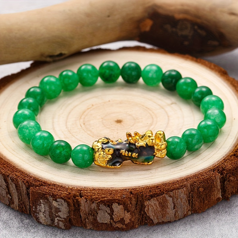 1pc Golden Pixiu Bracelet for Wealth and Luck - Unisex Malachite Stone Beads Wristband with Blessing Amulet and Jade Beads - Perfect Gift for Men and Women