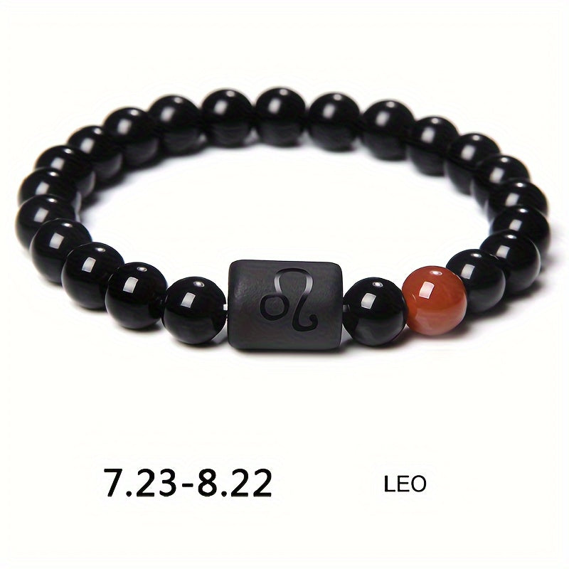 1pc Unisex 12 Constellation Signs Beads Bracelet, Black Stone Elastic Bracelet, Couples Bracelet, Charm Bracelet For Women Men Birthday Gift, Leo, Taurus, Capricorn, Libra Bracelet
