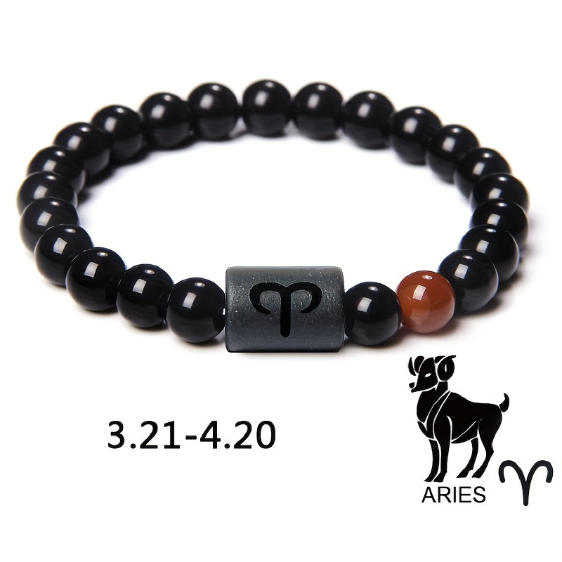 1pc Unisex 12 Constellation Signs Beads Bracelet, Black Stone Elastic Bracelet, Couples Bracelet, Charm Bracelet For Women Men Birthday Gift, Leo, Taurus, Capricorn, Libra Bracelet