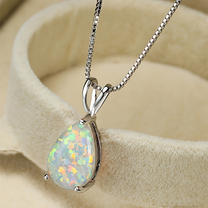 Mystic Blue Green Purple Fire Opal Necklace Water Drop Stone Pendant Clavicle Necklaces For Women Silvery Wedding Banquet Party Light Luxury Elegant Women's Jewelry