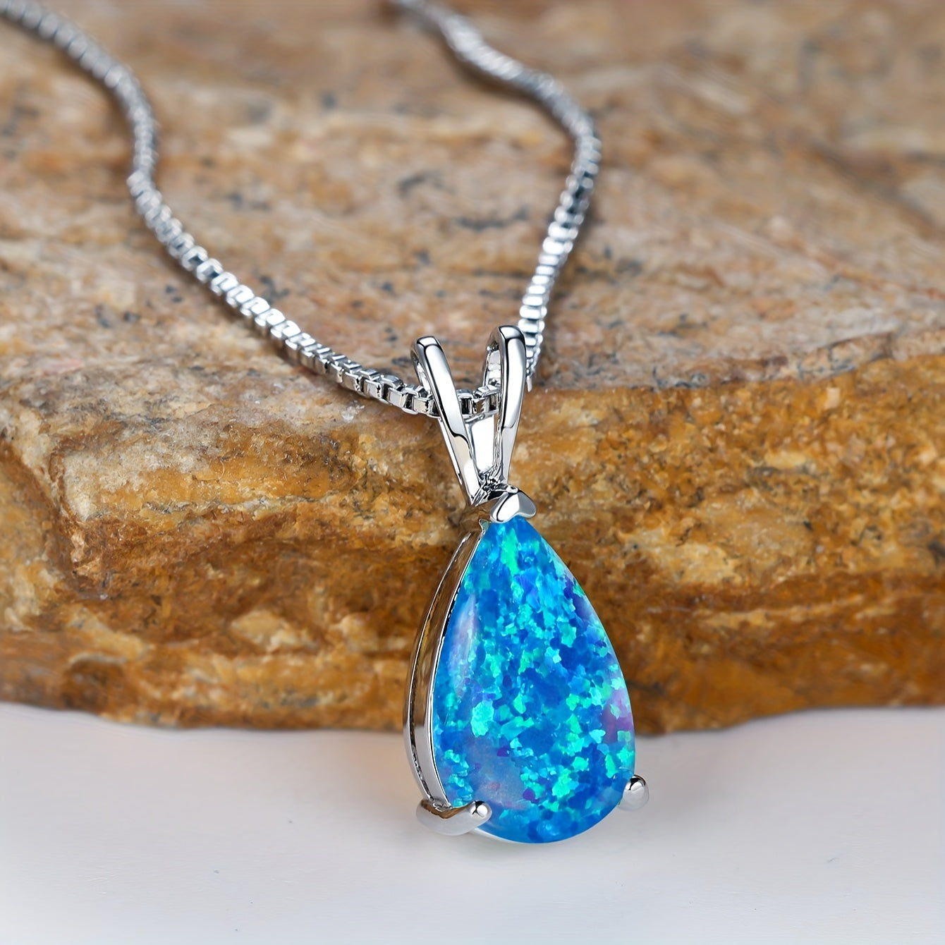 Mystic Blue Green Purple Fire Opal Necklace Water Drop Stone Pendant Clavicle Necklaces For Women Silvery Wedding Banquet Party Light Luxury Elegant Women's Jewelry