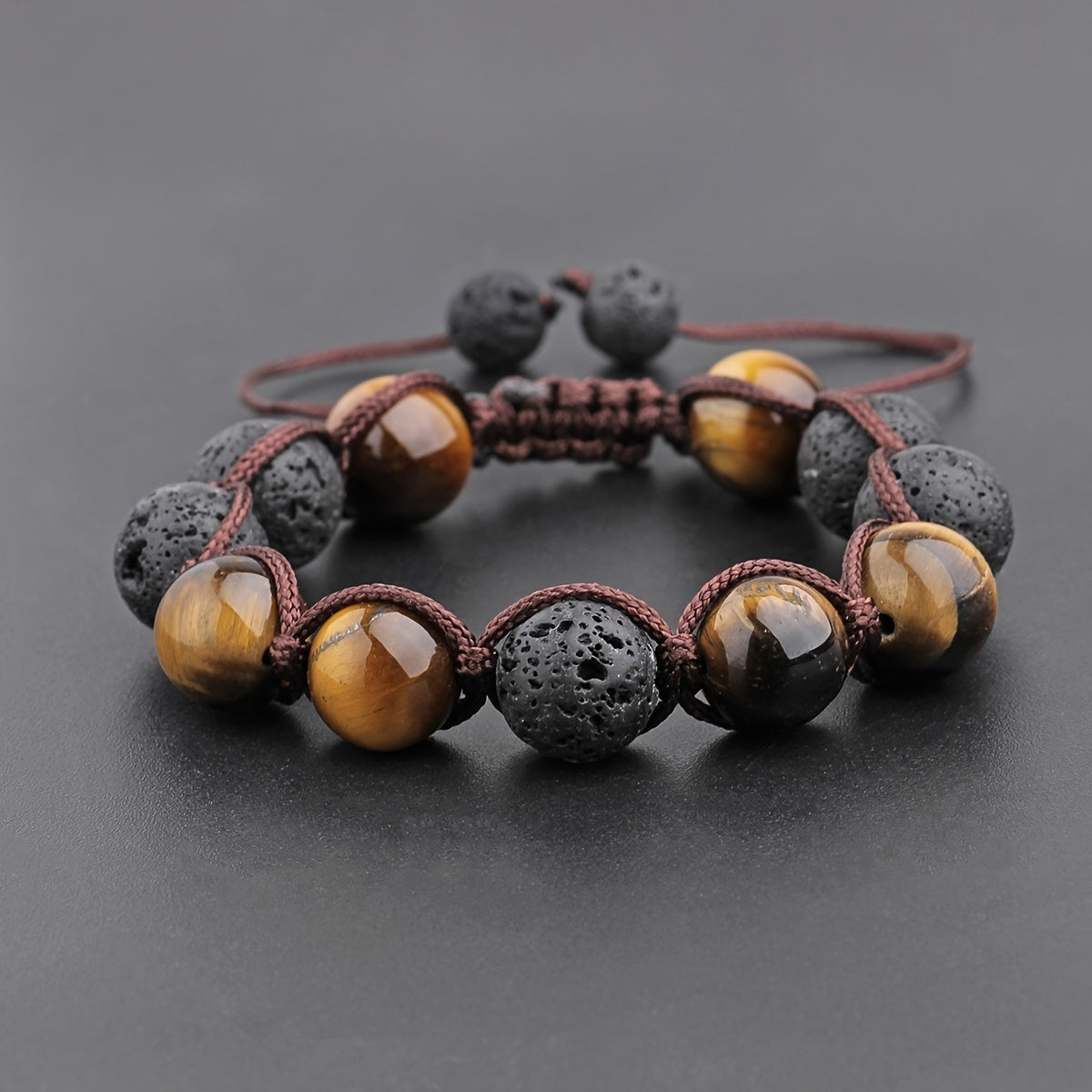 1pc 12MM Tiger Eye Volcanic Stone Adjustable Beaded Bracelet