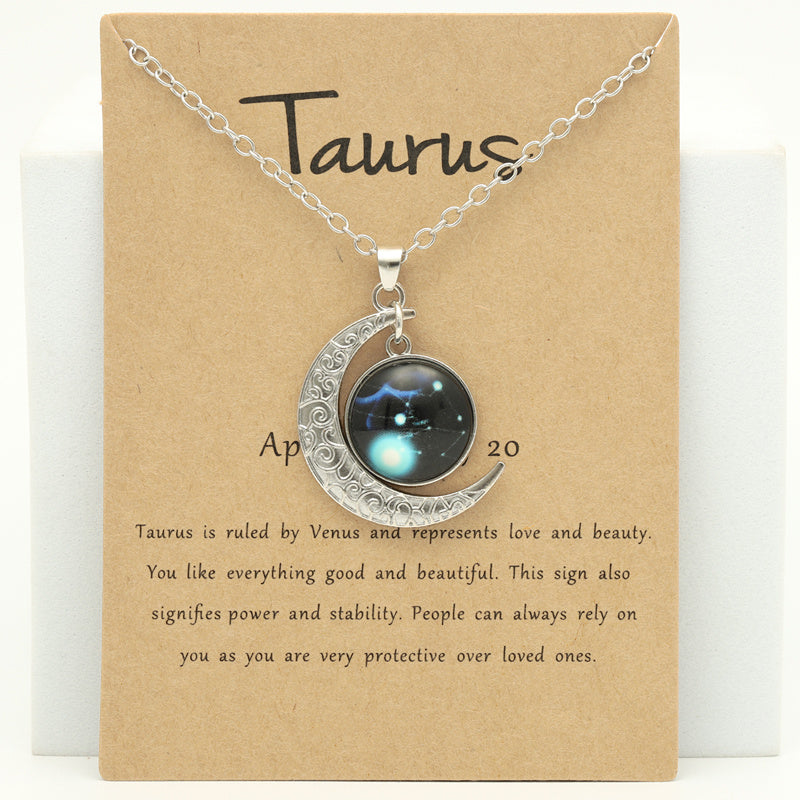 Cross-border New Luminous 12 Zodiac Necklace Retro Moon Pendant Card Short Necklace, father's day gift