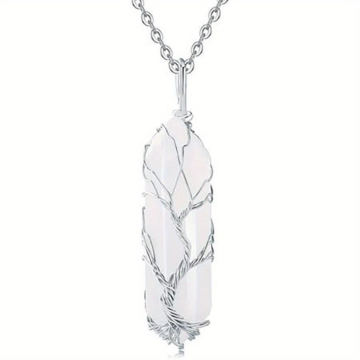 1pc Tree Of Life Wire Wrapped Crystal Point Pendant Necklace, Reiki Healing Crystal Stone Necklaces, Natural Hexagonal Gemstone Quartz Jewelry For Women