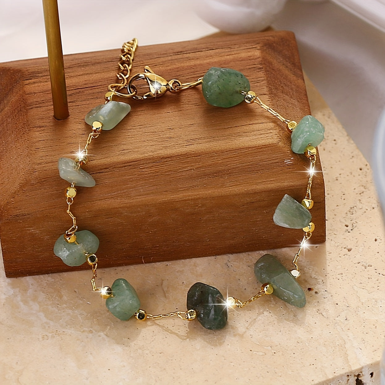 1 Bohemian Beach-Inspired Double-Layer Green Stone Bracelet - Vintage Luxury Stainless Steel with Irregular Beads, Adjustable Clasp - Ideal for Parties & Gifts, Beach Accessories