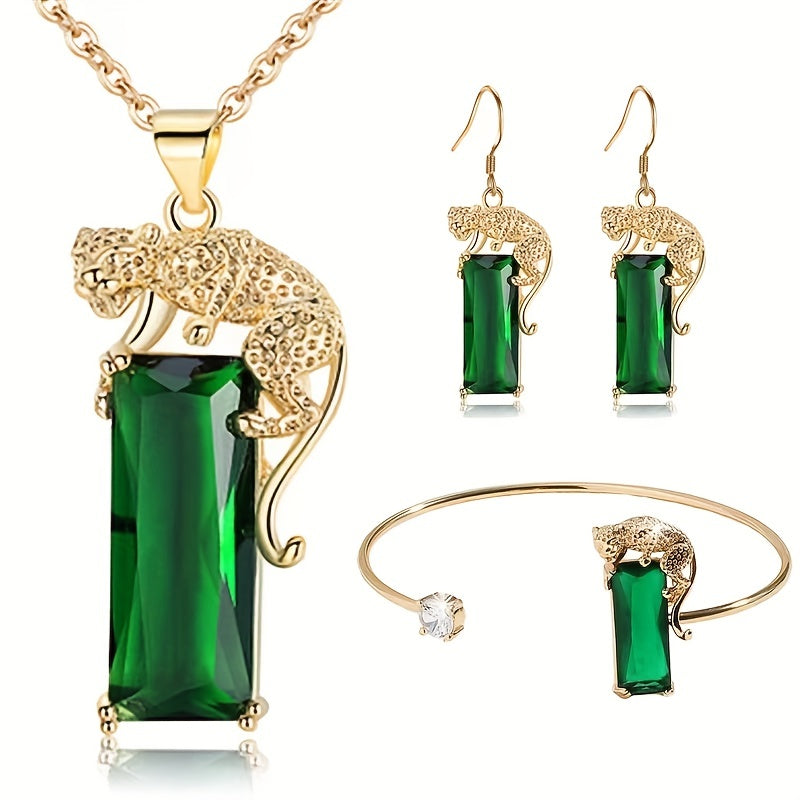 Elegant Leopard Emerald Rectangular Zircon Decor Necklace Earrings Bracelet Set Luxury Jewelry Set For Banquet And Wedding Wearing
