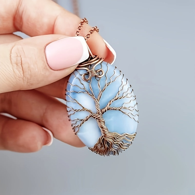 Bohemian Tree of Life Opal Pendant Necklace - Natural Stone Amulet Jewelry for Men & Women