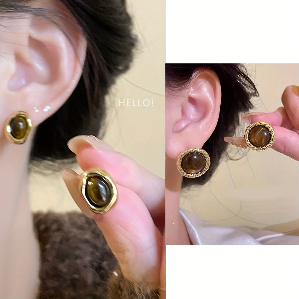 12 Pairs Amber Faux Cat Eye Stone Earrings, Ear Hooks, French Fashion Autumn And Winter Earrings, Banquet Bridesmaid Wedding Earrings, Good Gifts For Chirstmas, Wedding Anniversary Date