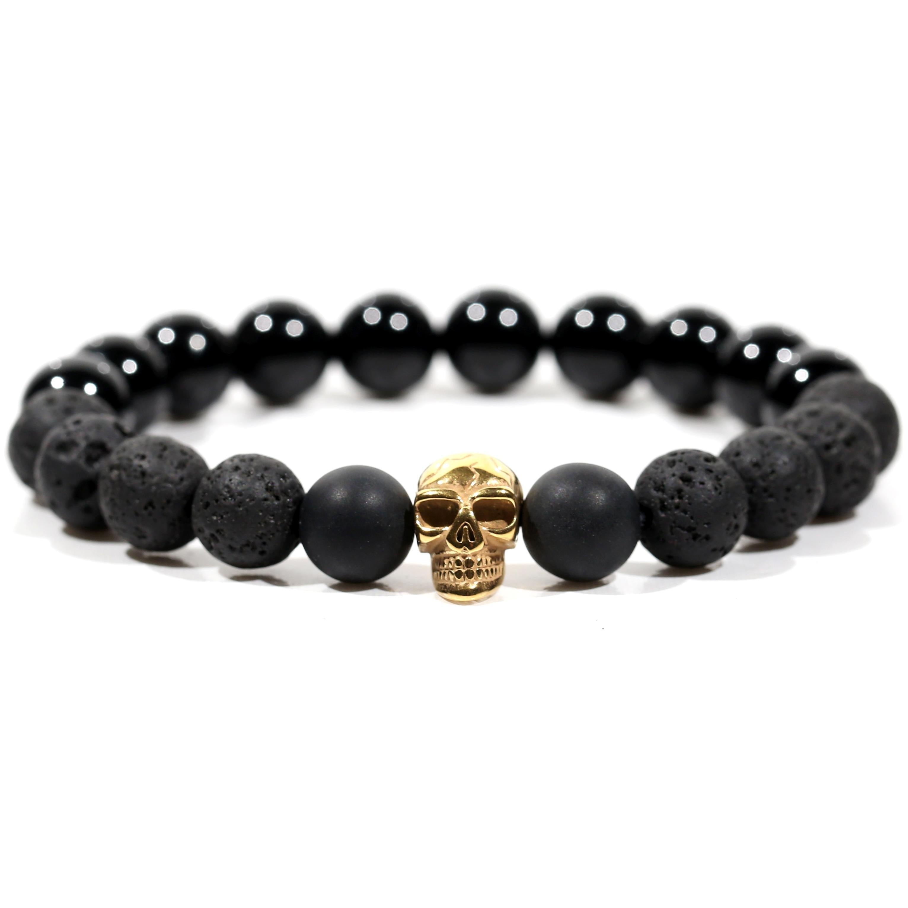 100% Handmade, Natural Black Agate Volcanic Stone Skull Bracelet, Available in Golden/Silver/Black, 10mm Beads, With Gift Box, Your Unisex Jewelry, Punk Style, Perfect Gift for Him/Her, Suitable for Anniversaries/Valentine's