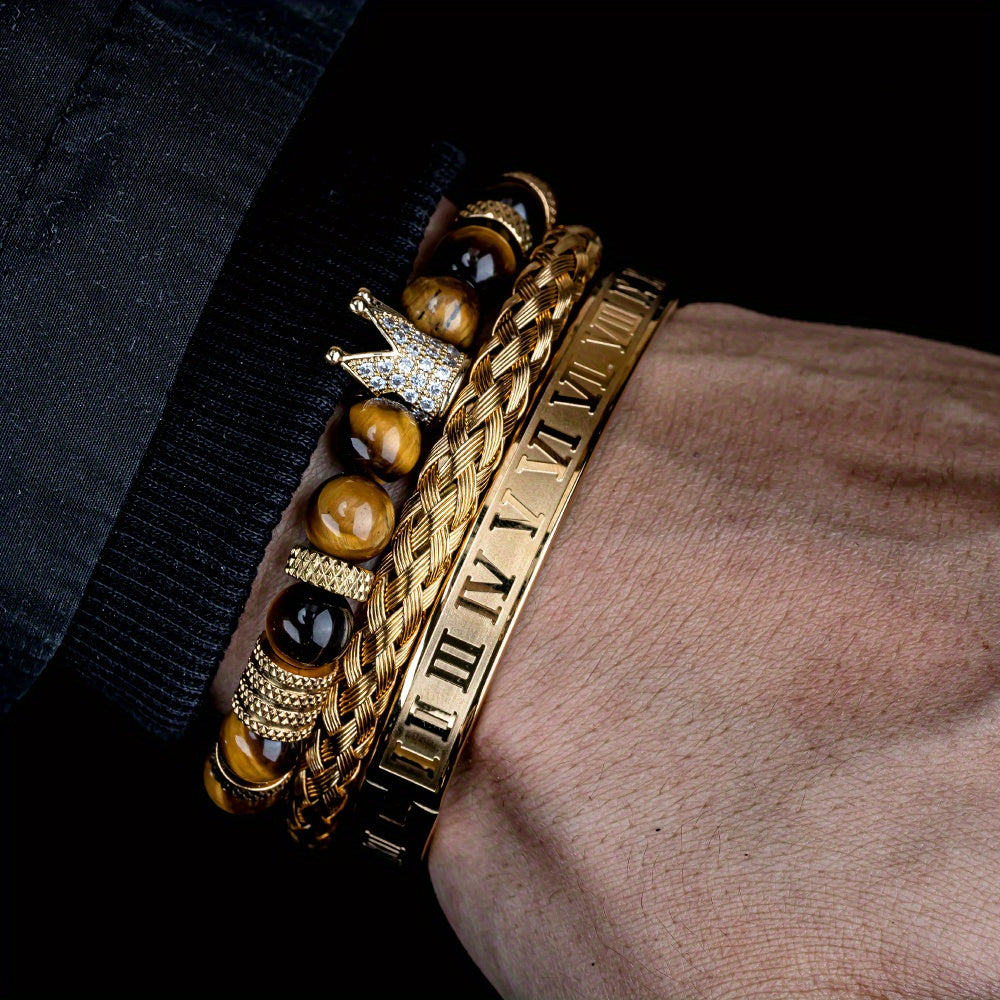 3pcs Roman Royal Crown Charm Men Bracelet, Stainless Steel Tiger's Eye Stone Geometry Open Adjustable Bracelets Couple Jewelry