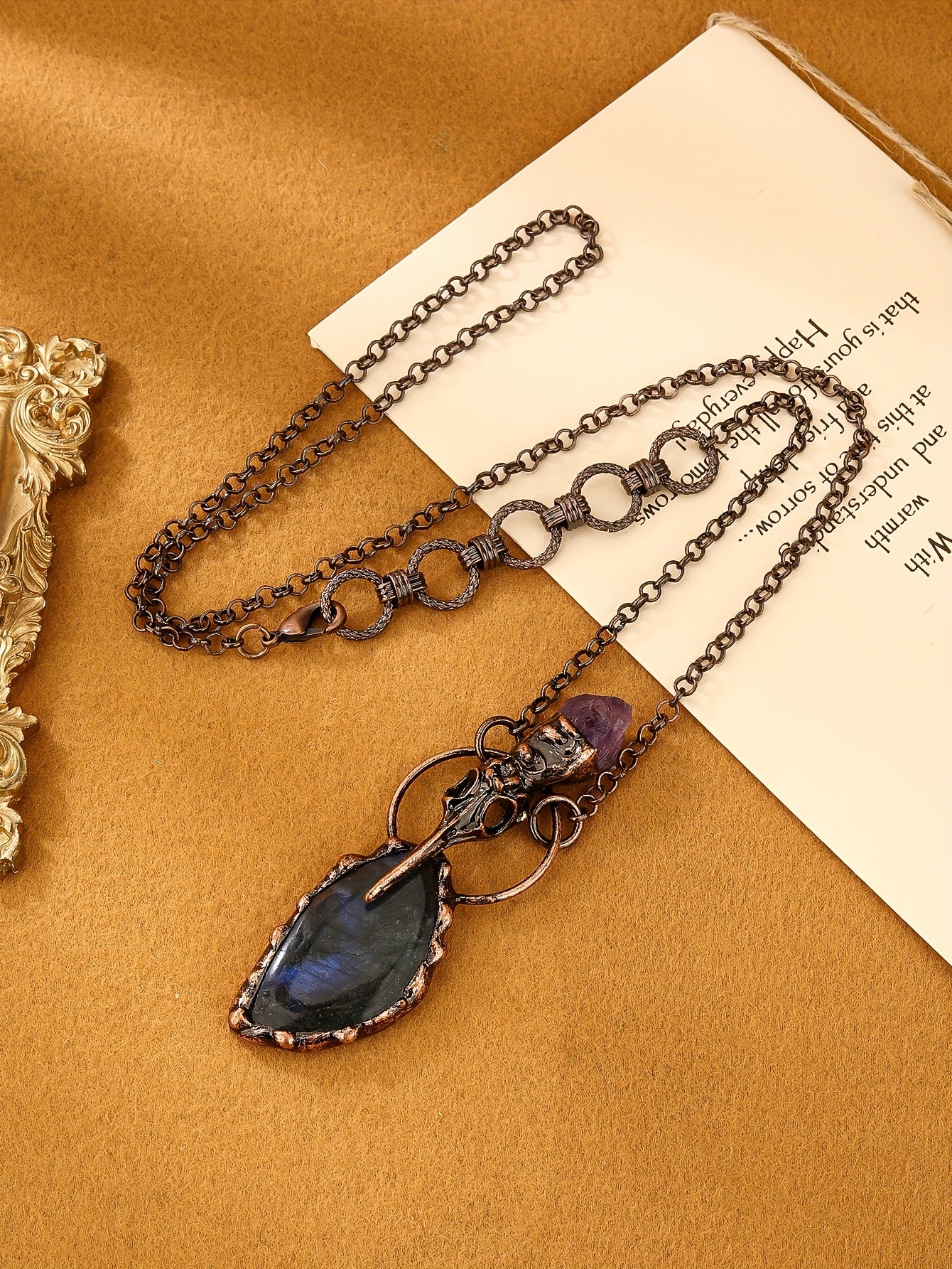 Natural Labradorite & Crow's Head Amethyst Raw Stone Pendant Necklace For Ladies Party Gifts