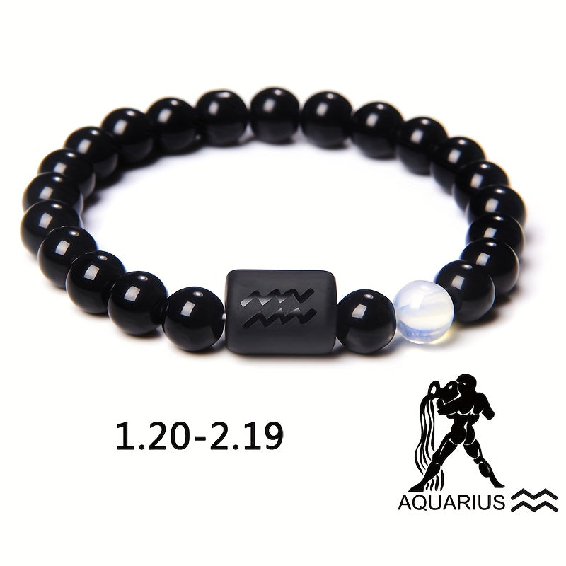 1pc Unisex 12 Constellation Signs Beads Bracelet, Black Stone Elastic Bracelet, Couples Bracelet, Charm Bracelet For Women Men Birthday Gift, Leo, Taurus, Capricorn, Libra Bracelet