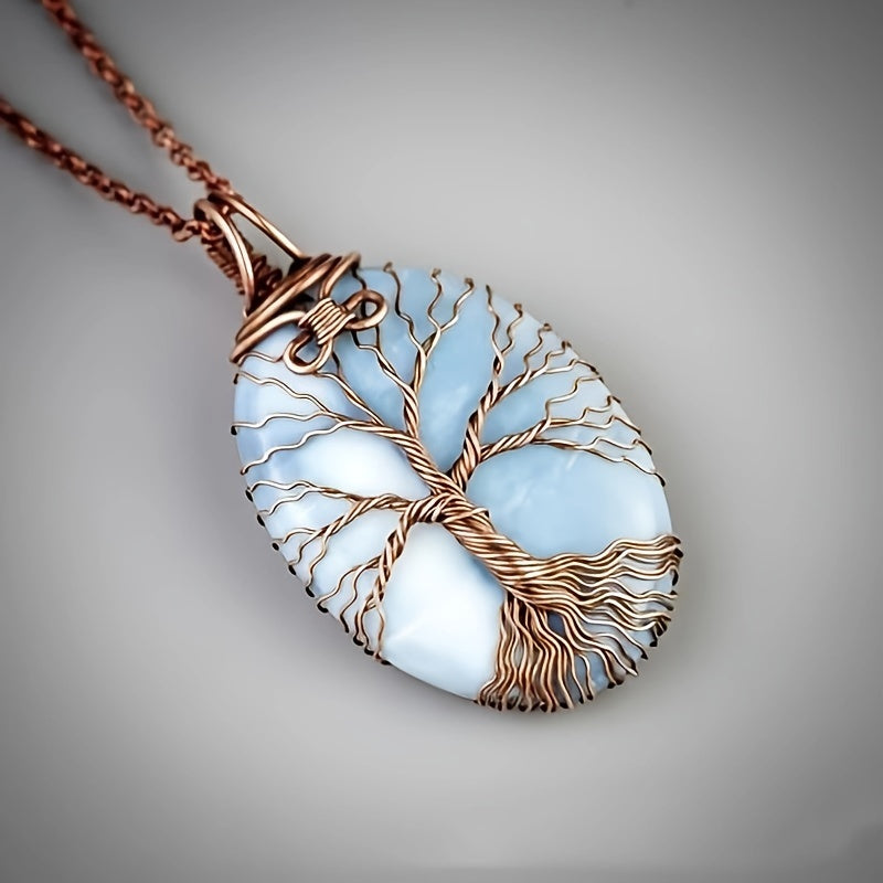 Bohemian Tree of Life Opal Pendant Necklace - Natural Stone Amulet Jewelry for Men & Women