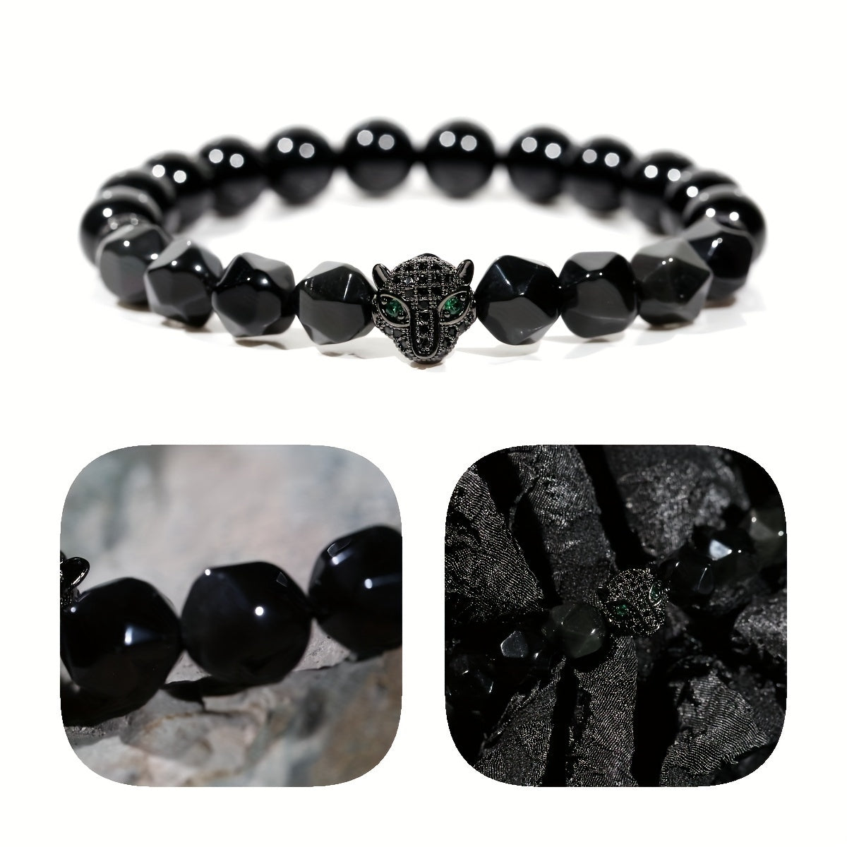 100% Handcrafted, Natural Black Obsidian Black Agate Green Eye Diamond Black Panther Bracelet, 10mm Beads, With Gift Box, Your Unisex Jewelry, Punk Style, Gift for Him/Her, Suitable for Birthdays/Anniversaries/Valentine's Day