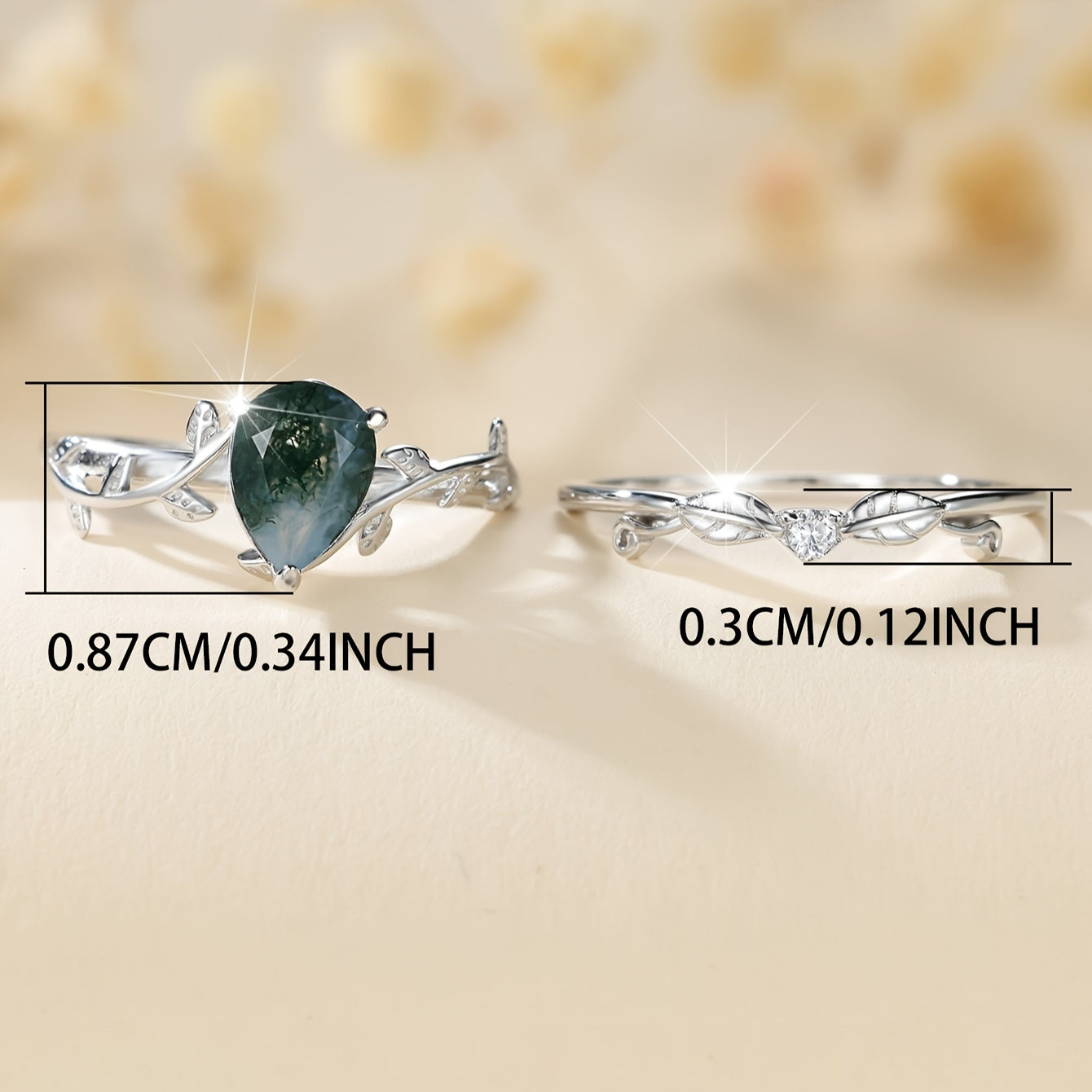 Elegant Moss Agate Promise Ring Set - 925 Sterling Silver, Natural Stone, Silver-Plated, Women's Engagement Wedding Jewelry with Unique Boho Design, Durable Construction, and Timeless Style