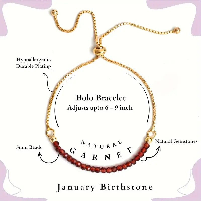 January Birthstone Bracelet for Women – Red Garnet Beaded Bolo Bracelet (6-9 inches Adjustable Length)