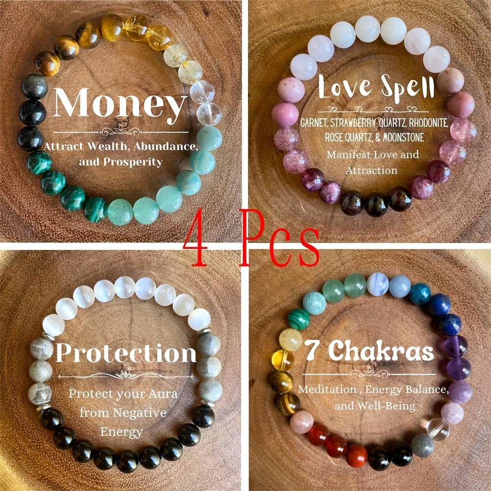 4 Pcs Elegant Bohemian Beaded Bracelet - Natural Citrine, Malachite, Rose Quartz, Moonstone, Tiger Eye, and Vermillion Stones for Wealth, Protection, and Vitality - Suitable for Banquet Party, Daily Wear, and Gift for Her