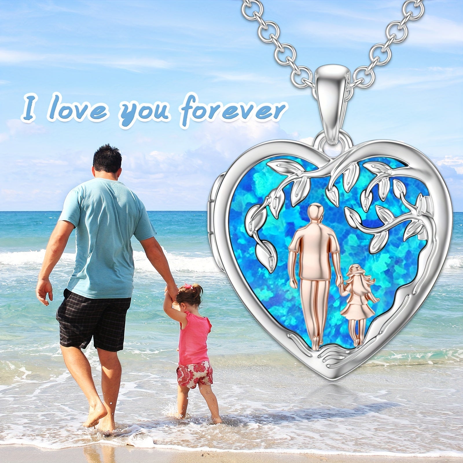 Father Daughter Locket Necklace S925 Sterling Silver Simulated Blue Opal Daughter Gifts From Dad Mom I Love You Forever Daughter Locket Jewelry Gift
