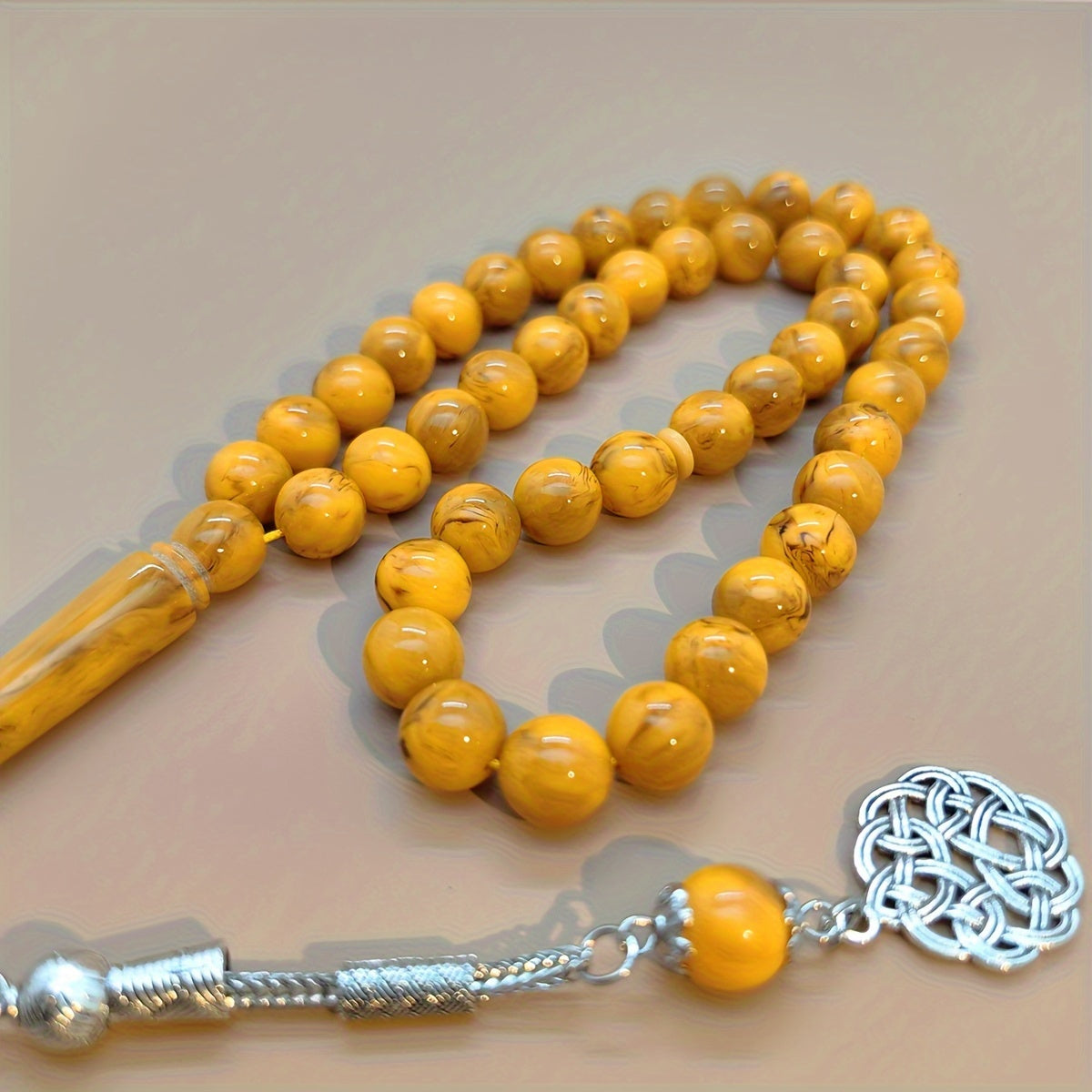 Vintage Style Resin Amber-Look 45 Bead Tasbih Prayer Beads Bracelet for Men - Traditional Islamic Misbaha Rosary with Decorative Tassel