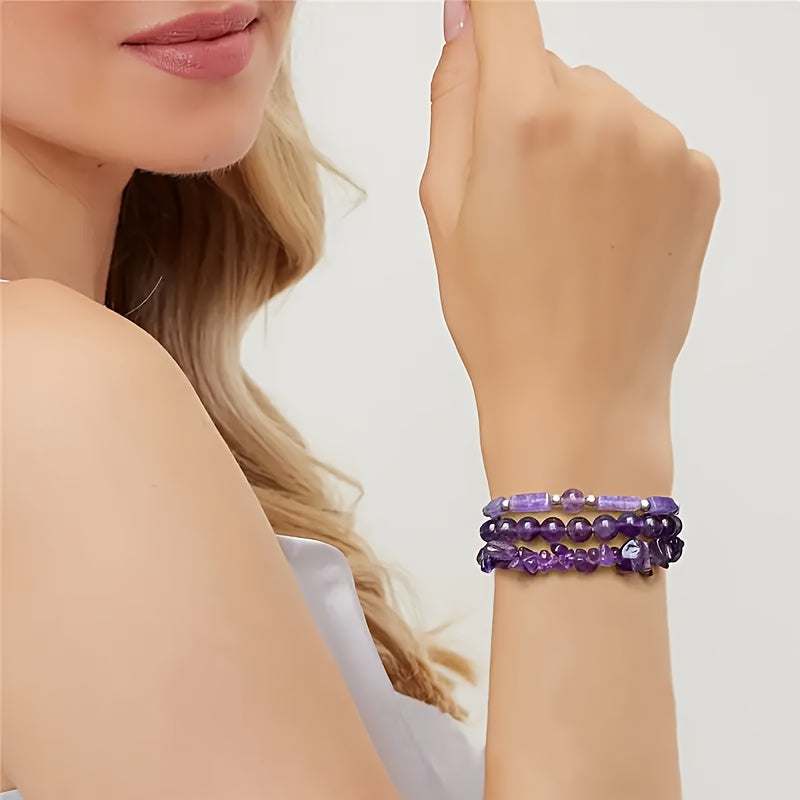 3-Piece Set Natural Amethyst Healing Crystal Bracelet Set, Energy Stone Women's Bangle, Holiday Gift For Girlfriend And Mom