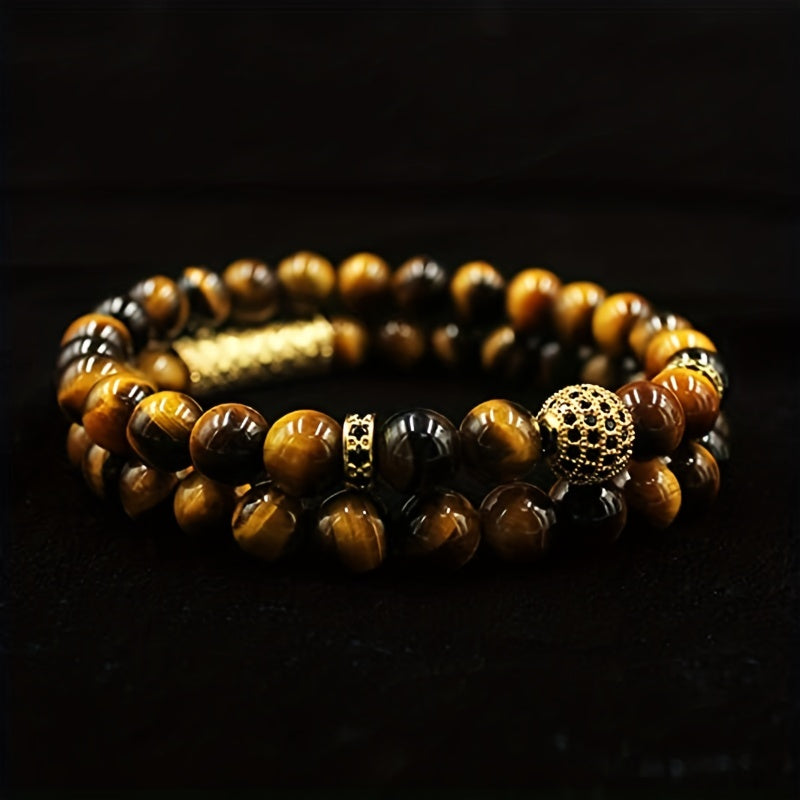 2pcs/set Trendy 8mm Tiger Eye Stone Round Beads Elastic Yoga Bracelet For Men, Holiday Birthday Gift For Boyfriends, Father's Day Gift