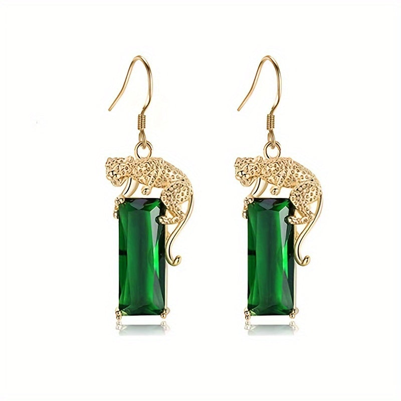 Elegant Leopard Emerald Rectangular Zircon Decor Necklace Earrings Bracelet Set Luxury Jewelry Set For Banquet And Wedding Wearing