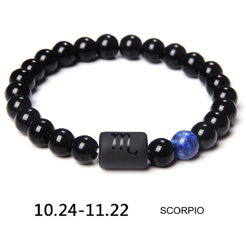 1pc Unisex 12 Constellation Signs Beads Bracelet, Black Stone Elastic Bracelet, Couples Bracelet, Charm Bracelet For Women Men Birthday Gift, Leo, Taurus, Capricorn, Libra Bracelet