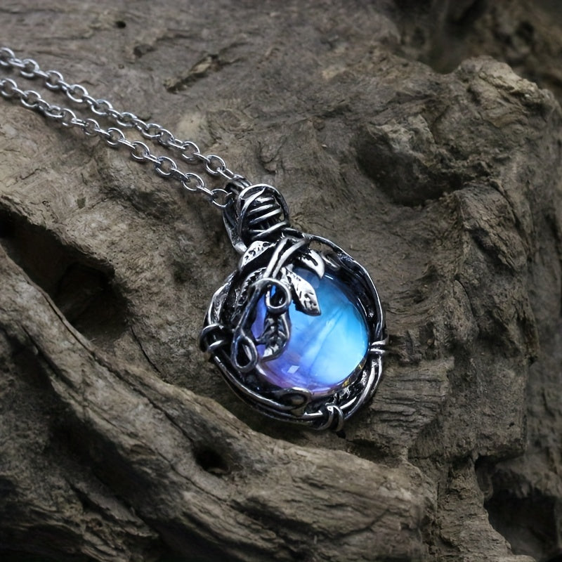 Vintage-Inspired Blue Moonstone Leaf-Shaped Pendant Necklace - Adjustable Leather Rope Chain, Hypoallergenic, Nickel-Free, Ideal Father's Day Gift, Unique Accessory for Men, Birthday Present, Anniversary Gift