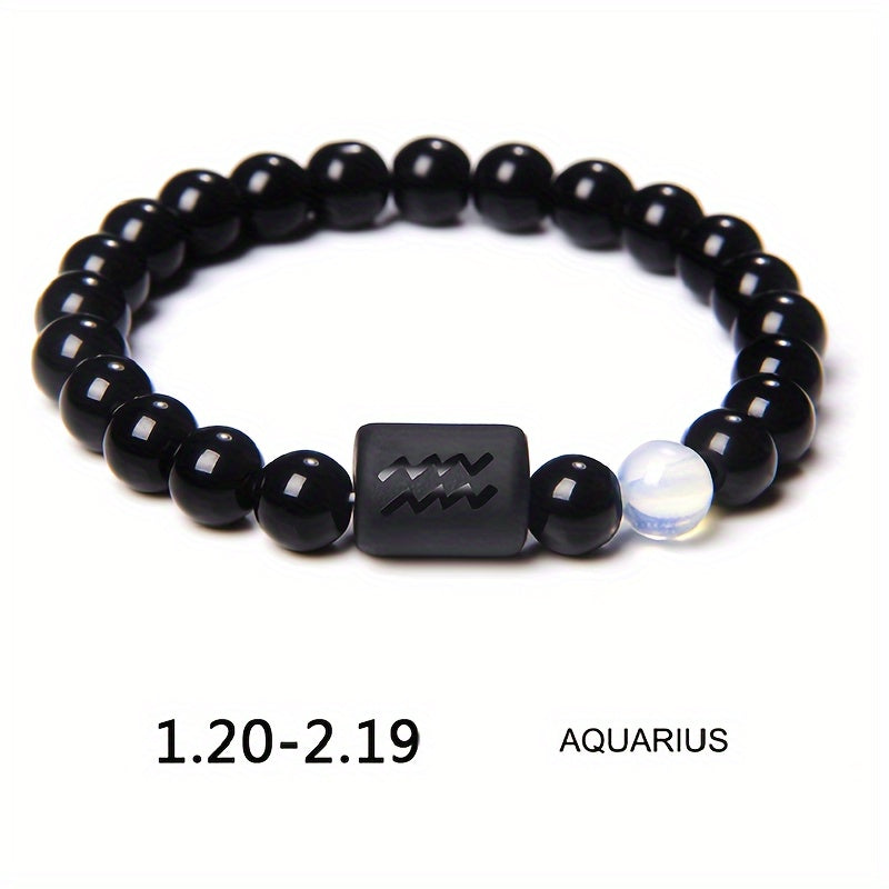 1pc Unisex 12 Constellation Signs Beads Bracelet, Black Stone Elastic Bracelet, Couples Bracelet, Charm Bracelet For Women Men Birthday Gift, Leo, Taurus, Capricorn, Libra Bracelet