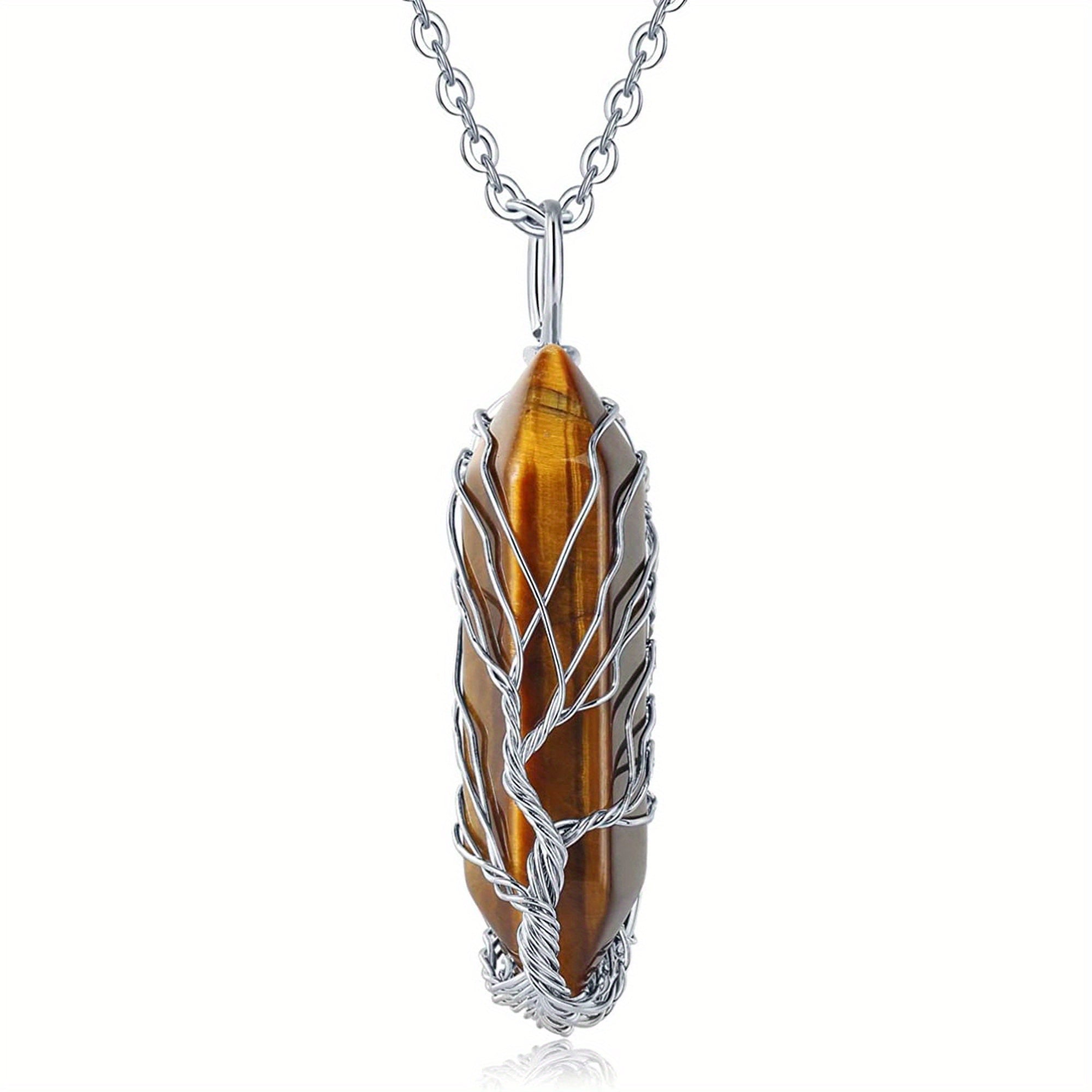 1pc Tree Of Life Wire Wrapped Crystal Point Pendant Necklace, Reiki Healing Crystal Stone Necklaces, Natural Hexagonal Gemstone Quartz Jewelry For Women