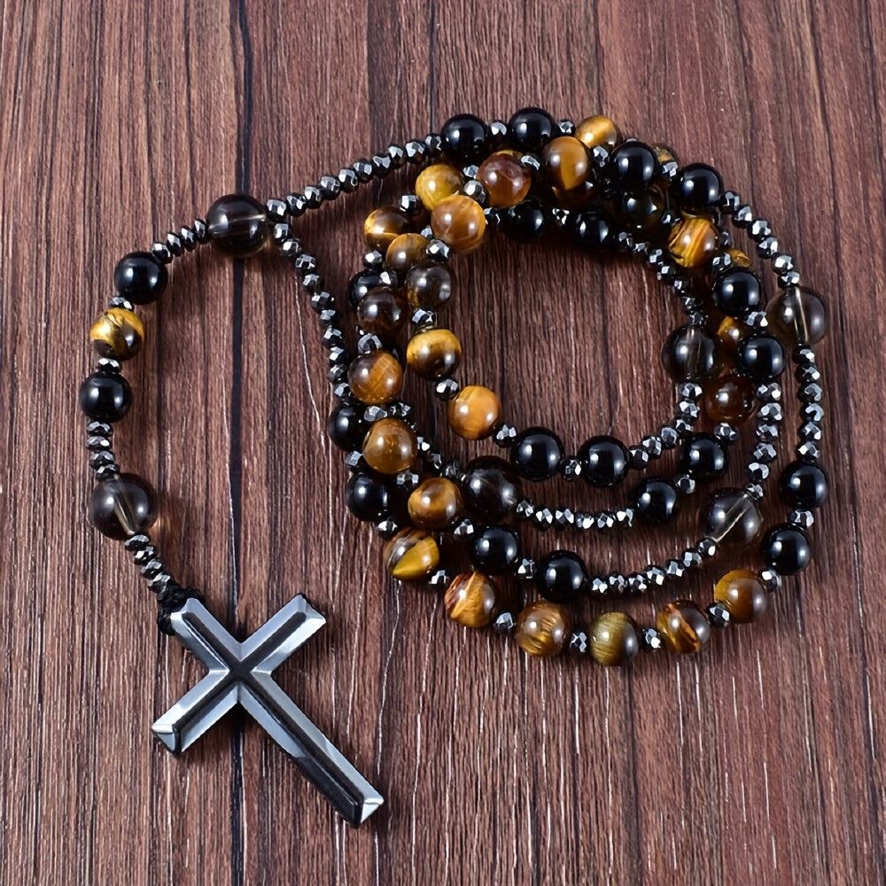 1pc Natural Tiger Eye Round Bead Long Chain Necklace with Hematite Cross Rosary Beads, Men's Jewelry for Spiritual Style