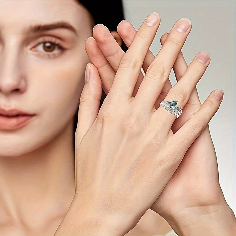 Elegant Moss Agate Promise Ring Set - 925 Sterling Silver, Natural Stone, Silver-Plated, Women's Engagement Wedding Jewelry with Unique Boho Design, Durable Construction, and Timeless Style