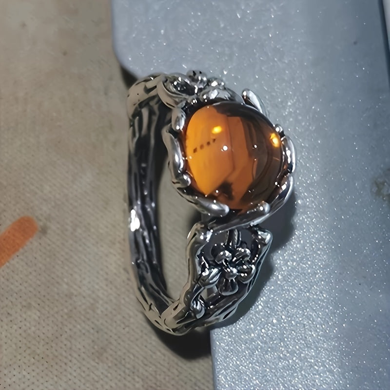 1PC New Ancient Water Drop Anti Amber Stone Honey Wax Ring with Carved Flowers and Branches, Elegant and Elegant Style Ring for Men and Women
