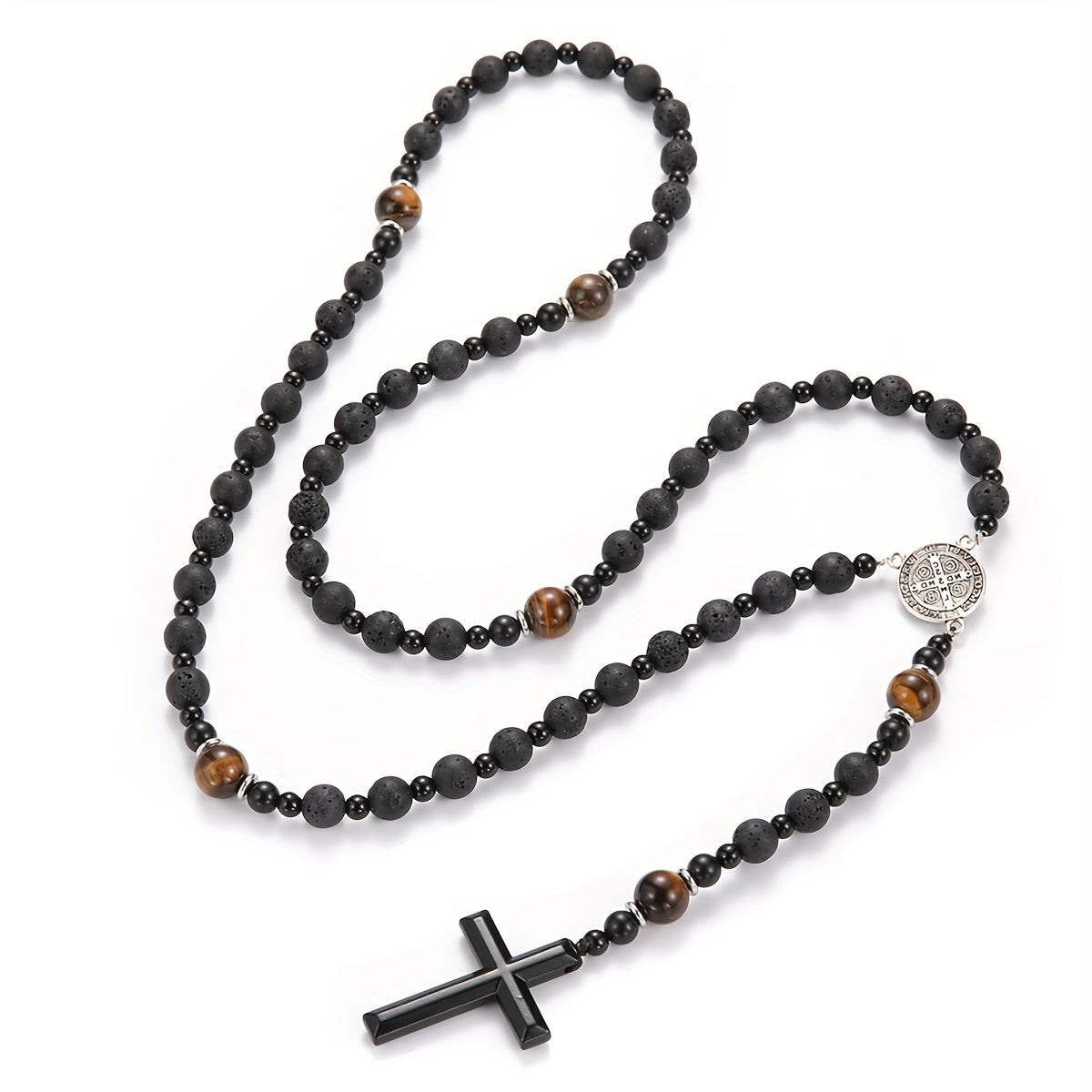 1pc Natural Volcanic Rock Black Agate & Tiger Eye Tag Cross Pendant Rosary Necklace for Men & Women