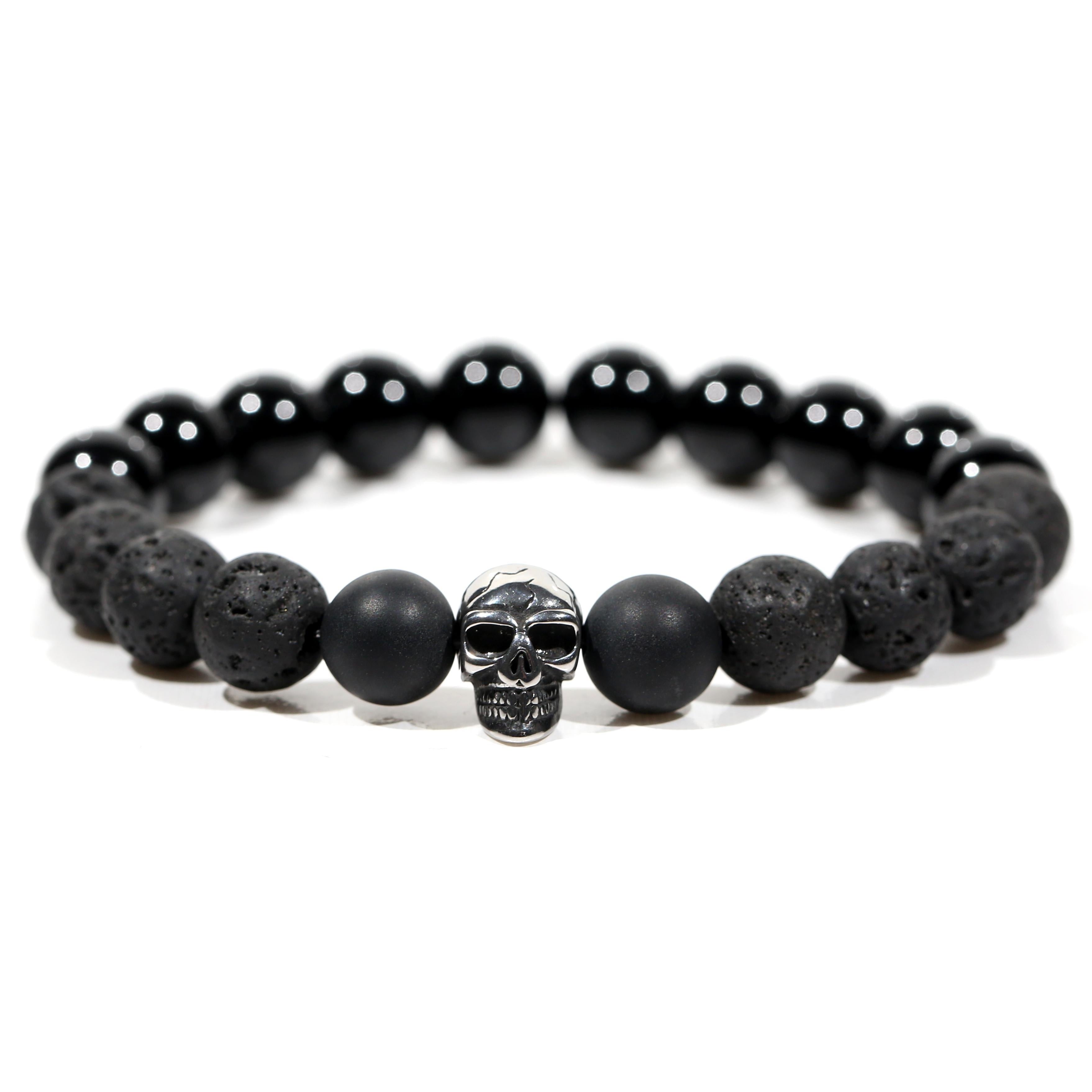 100% Handmade, Natural Black Agate Volcanic Stone Skull Bracelet, Available in Golden/Silver/Black, 10mm Beads, With Gift Box, Your Unisex Jewelry, Punk Style, Perfect Gift for Him/Her, Suitable for Anniversaries/Valentine's