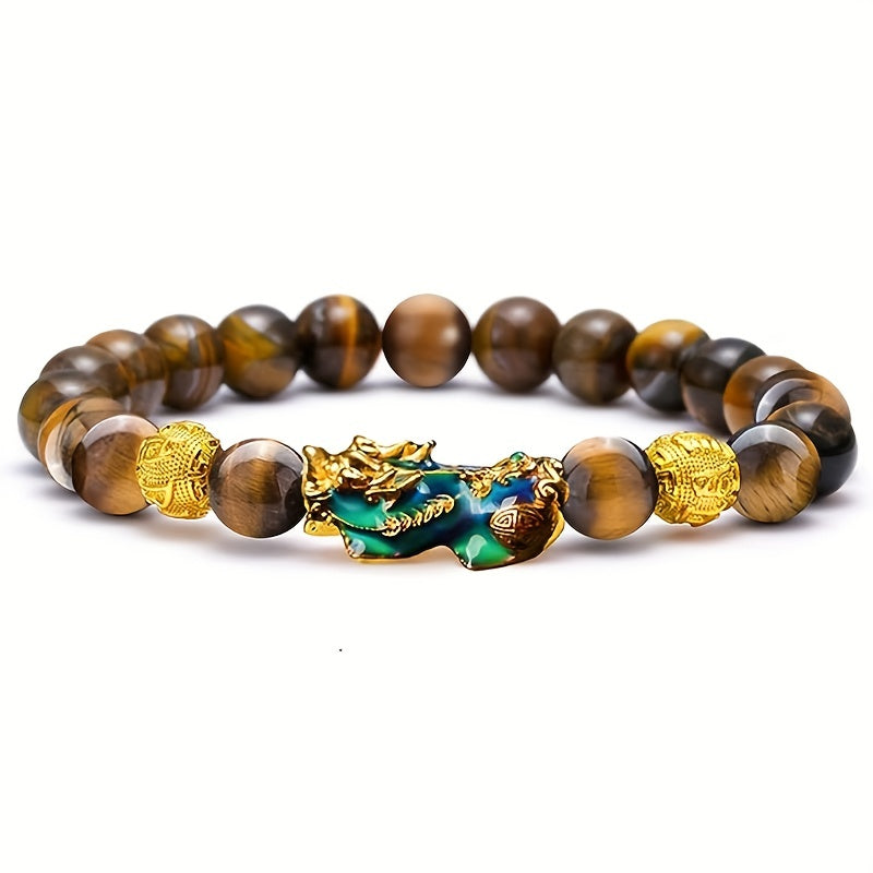 2pcs Good Luck Bracelets, Natural Tiger Eye Stone Pixiu Charm Bracelet, For Men