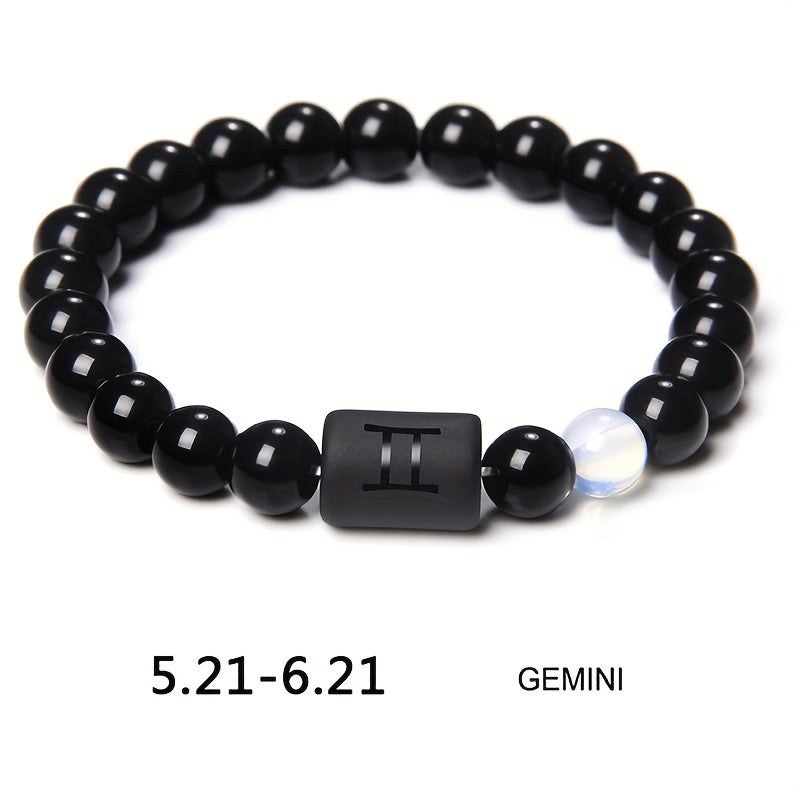 1pc Unisex 12 Constellation Signs Beads Bracelet, Black Stone Elastic Bracelet, Couples Bracelet, Charm Bracelet For Women Men Birthday Gift, Leo, Taurus, Capricorn, Libra Bracelet