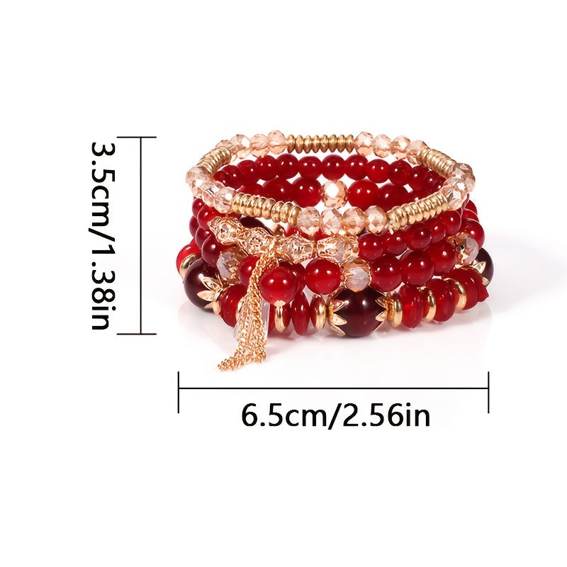 4pcs Chic Boho-Inspired Bracelet Set - Colorful Faux Agate & Glass Crystal, Chain Tassel Detail - Perfect Gift for Fashion Enthusiasts