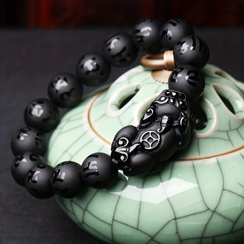 Obsidian Pixiu Six Word Motto Bracelet For Men's Frosted Six Word Truth Buddha Beads Bracelet Crystal Buddha Beads Single Loop Jewelry Bracelet