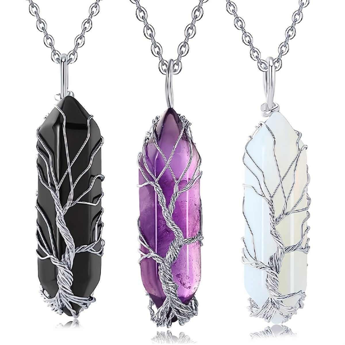 1pc Tree Of Life Wire Wrapped Crystal Point Pendant Necklace, Reiki Healing Crystal Stone Necklaces, Natural Hexagonal Gemstone Quartz Jewelry For Women