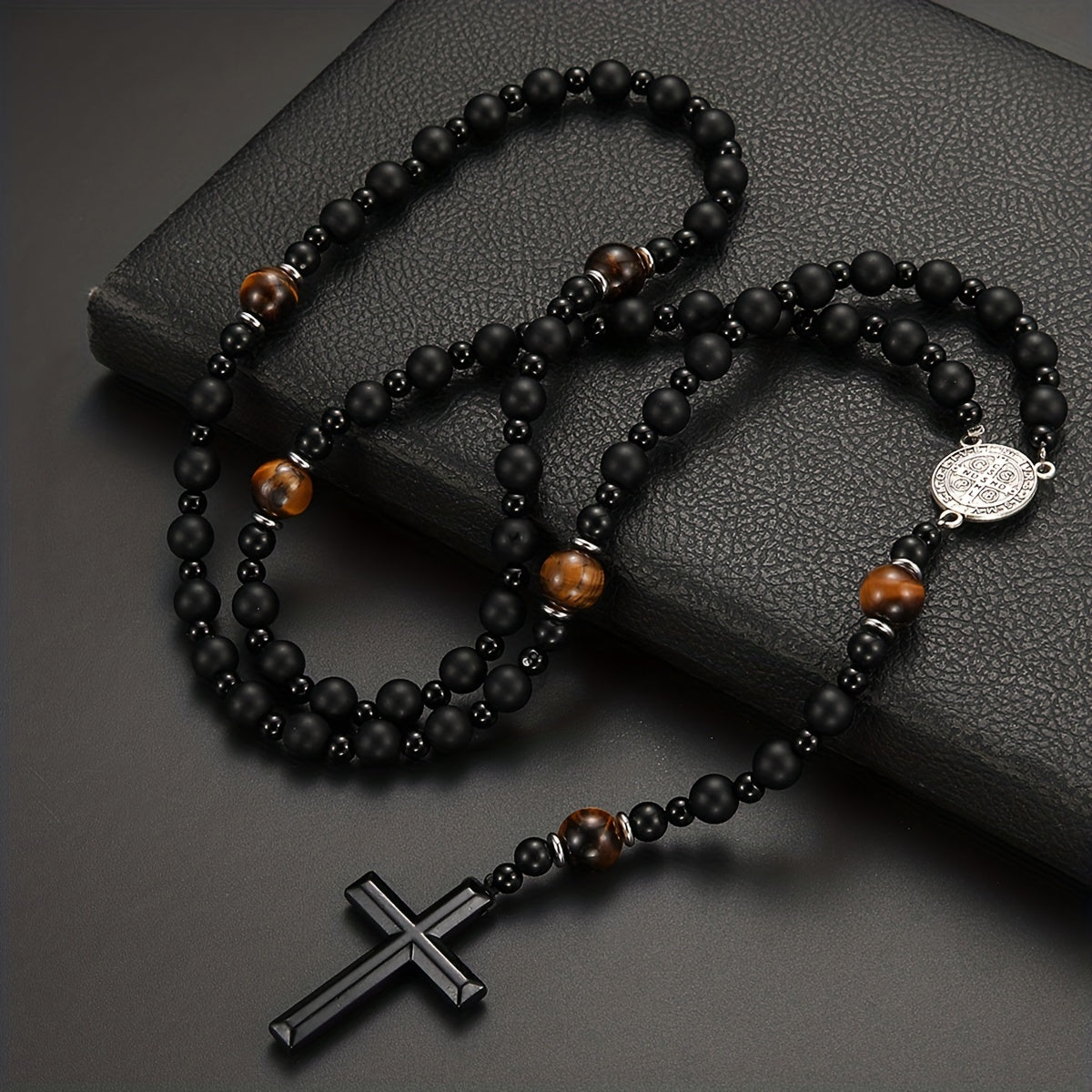 1pc Natural Volcanic Rock Black Agate & Tiger Eye Tag Cross Pendant Rosary Necklace for Men & Women