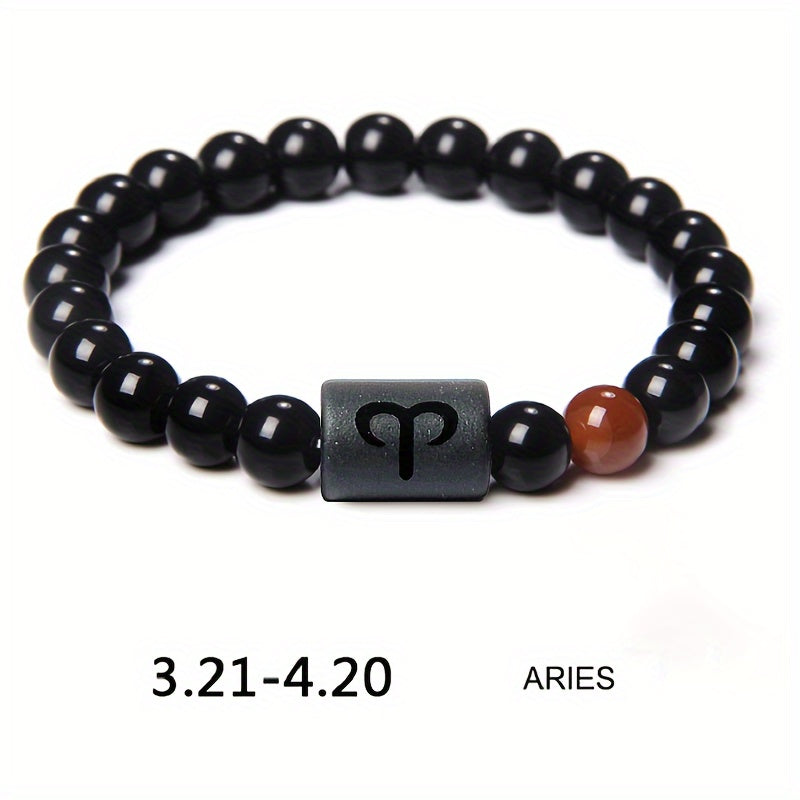 1pc Unisex 12 Constellation Signs Beads Bracelet, Black Stone Elastic Bracelet, Couples Bracelet, Charm Bracelet For Women Men Birthday Gift, Leo, Taurus, Capricorn, Libra Bracelet