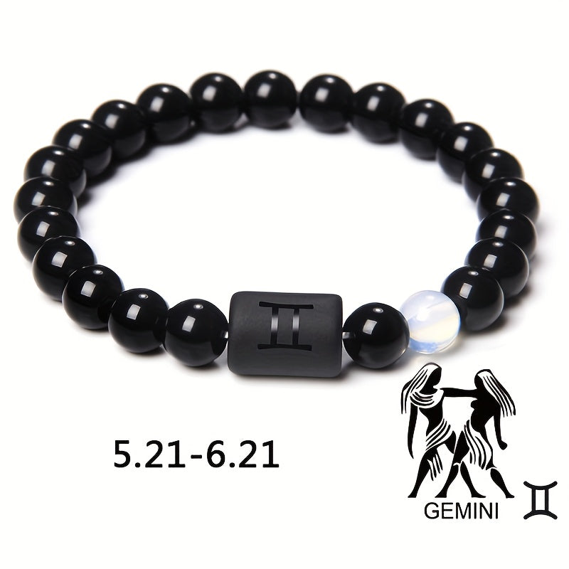 1pc Unisex 12 Constellation Signs Beads Bracelet, Black Stone Elastic Bracelet, Couples Bracelet, Charm Bracelet For Women Men Birthday Gift, Leo, Taurus, Capricorn, Libra Bracelet